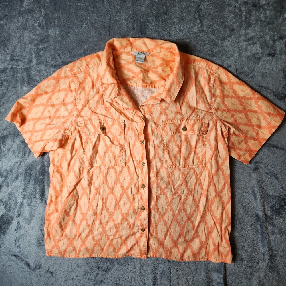 Duluth Trading Co Womens XXL Orange Ikat Hemp Organic Cotton Button Up Shirt